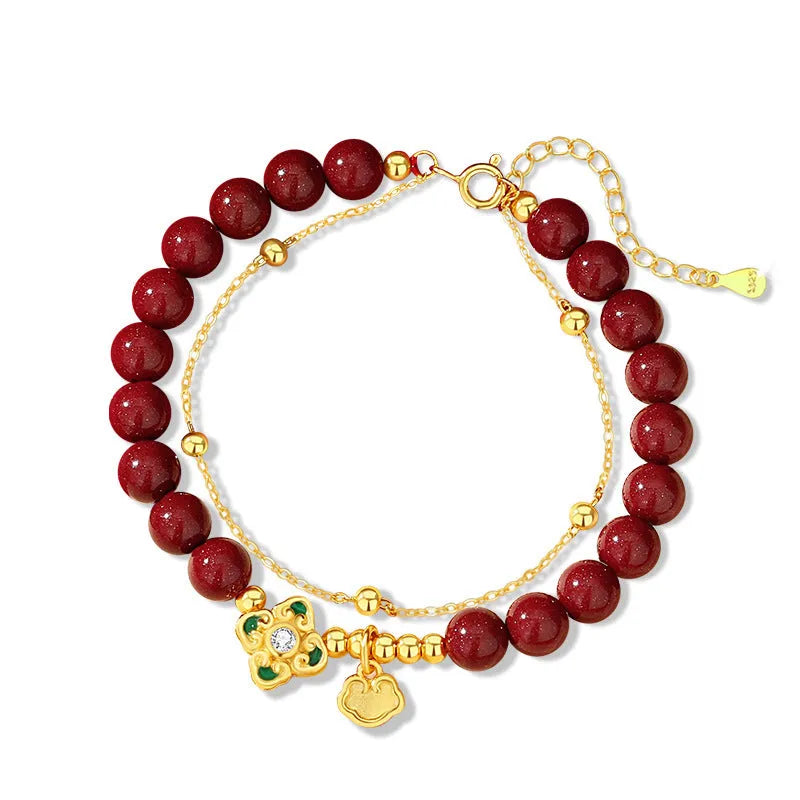Women's sterling silver bracelet with Ruyi Xiangyun cinnabar flower traditional motifs