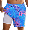 Men's loose green floral print boxer swimming trunks made from quick-drying spandex fabric.