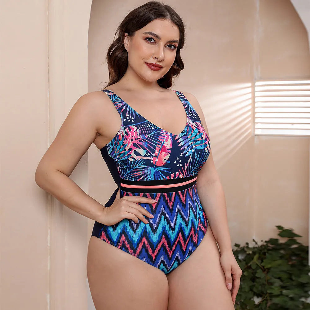 Women's printed spaghetti straps one-piece swimsuit with striped vest design for swimming sports
