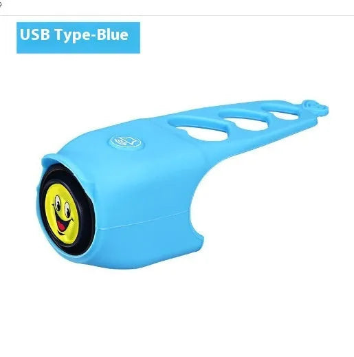 Plastic electronic bicycle horn in six colour options shown with two 2032 batteries.