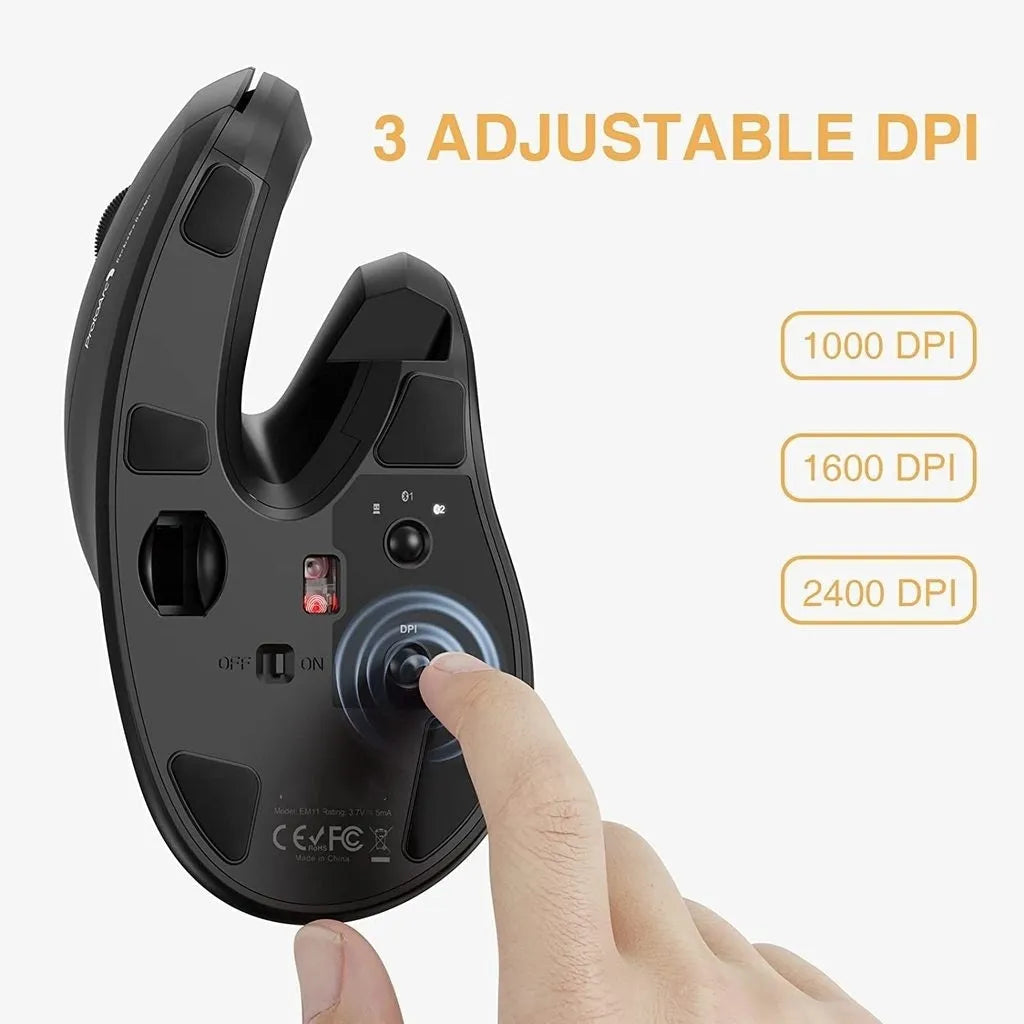 Black vertical Bluetooth mouse with RGB lighting showing ergonomic hand position