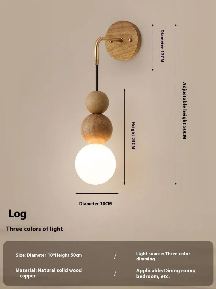 Wood and copper wall lamp with suspension wire and dimmable tricolour light
