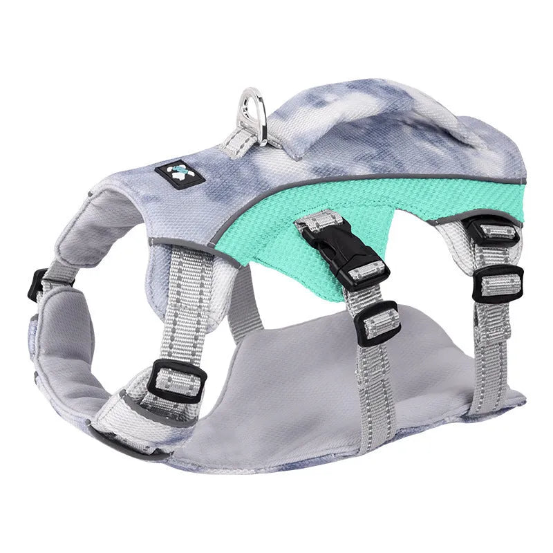 Light blue reflective dog chest strap made of polyester for walking safety.