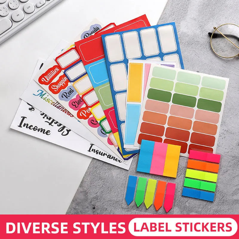 Handwritten labels and adhesive stickers showing grid configurations and colour options including white German adhesive stickers