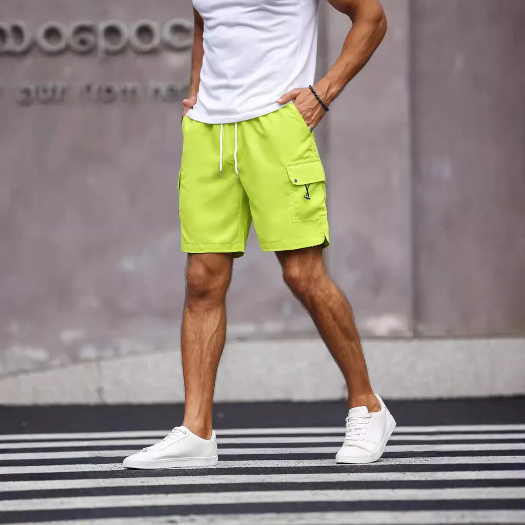 Men's loose fit workwear shorts in fluorescent green and army green colours