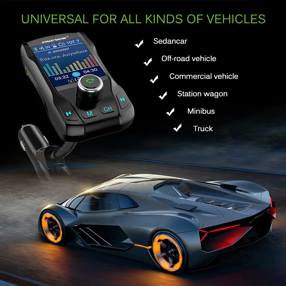 Black car Bluetooth FM transmitter with colour screen and dual USB ports plugged into a car power socket.