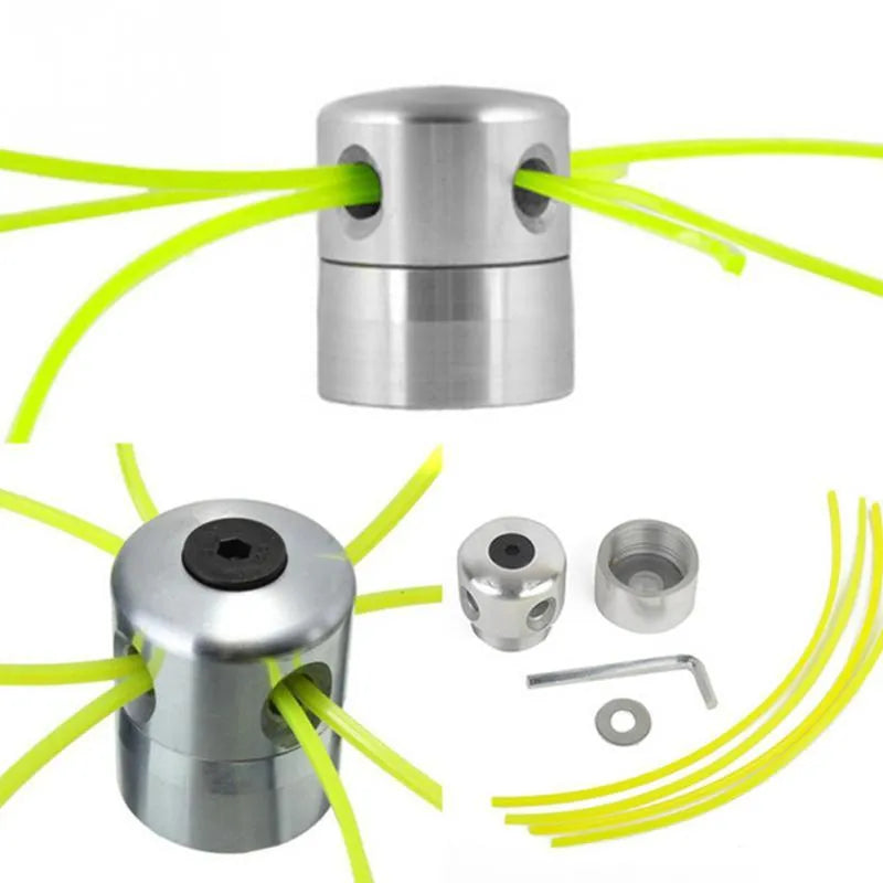 Silver aluminium lawn mower trimmer head with four light yellow square grass cutting lines