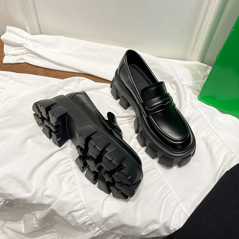 British style wide fit patent leather loafers with rubber sole and muffin base heel design