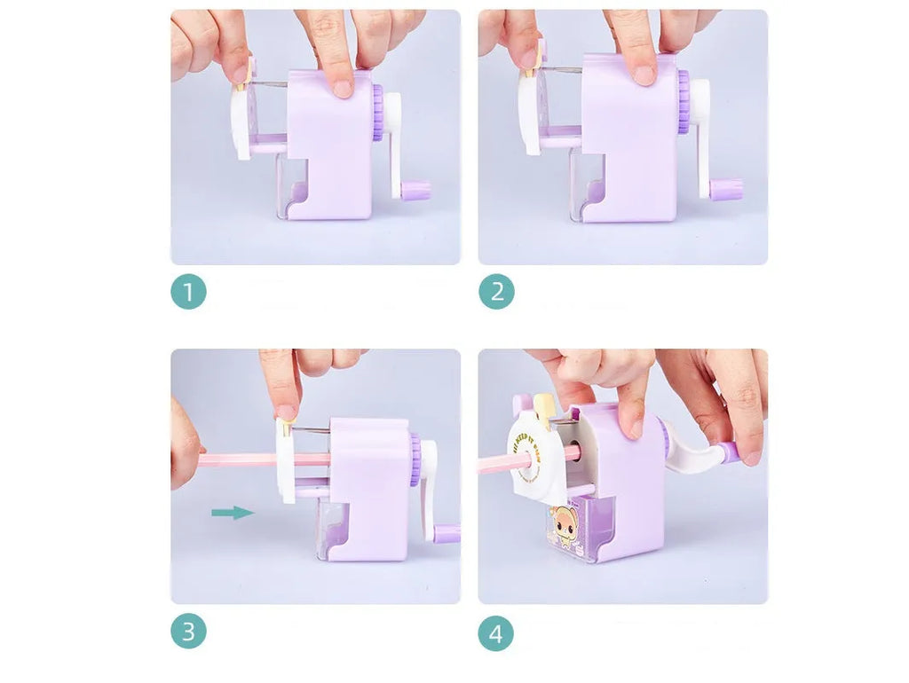 Cartoon animal pencil sharpener in blue, green, pink and purple colours showing 88x43x88mm dimensions