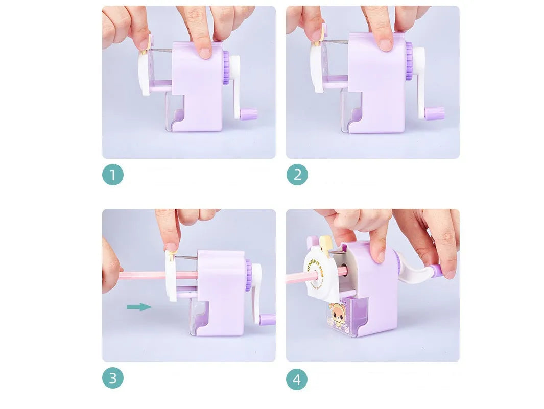 Cartoon animal pencil sharpener in blue, green, pink and purple colours showing 88x43x88mm dimensions