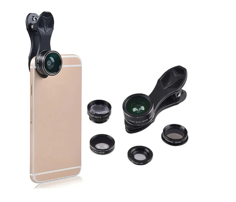 Black universal 5-in-1 clip-on smartphone lens kit showing wide angle, macro, fisheye, telephoto, and CPL lenses with storage bag.