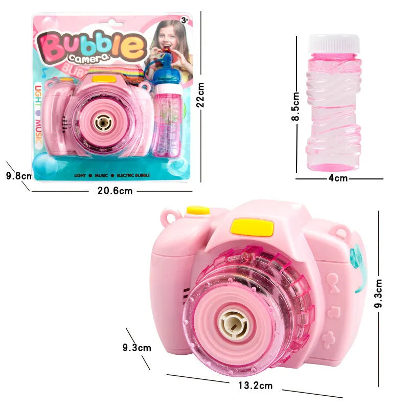 Yellow, green, red, and pink camera-shaped automatic bubble blowing toy for children on a white background.