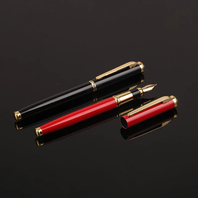 Red and black metal ballpoint pens with 0.5mm fine writing tips on white background
