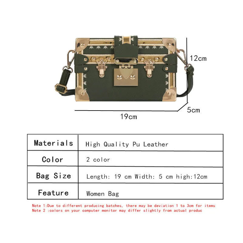 Women's hard black flap handbag with single strap, rivet details, and hasp closure.