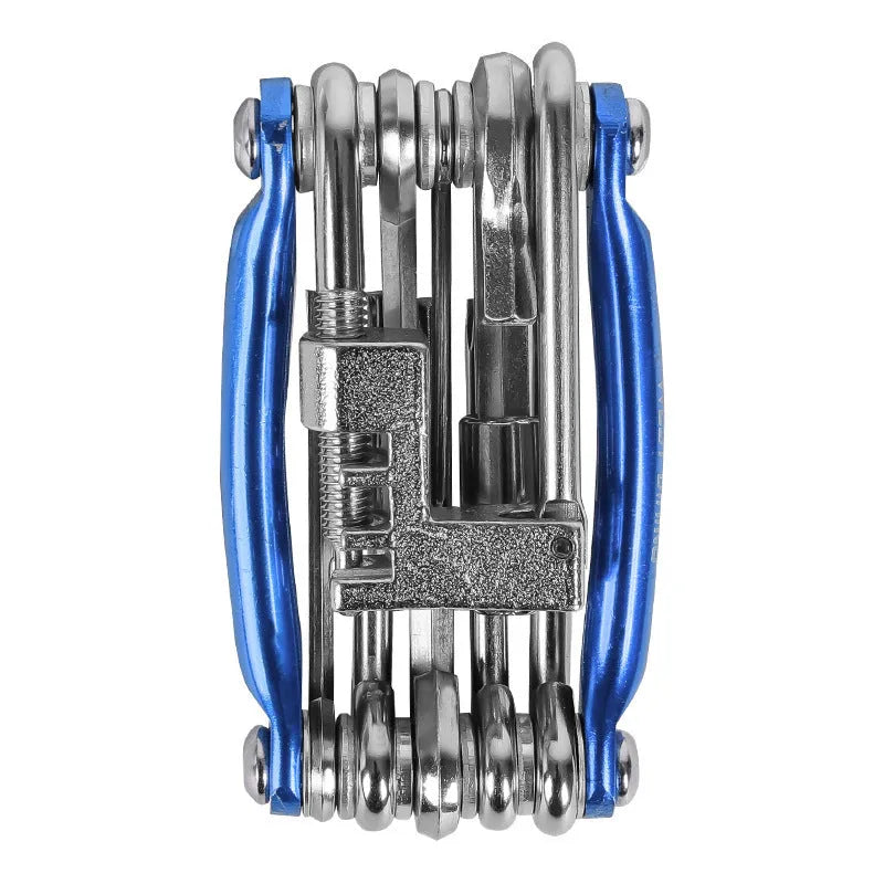 Black aluminium alloy combination bicycle repair tool set with chain breaker in a storage bag