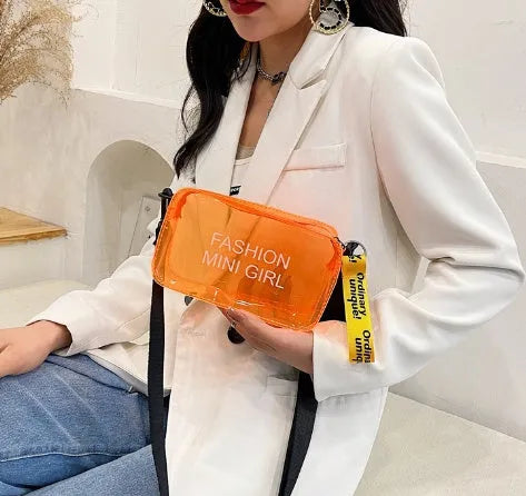 Transparent square jelly shoulder bag with diagonal cross design and adjustable strap