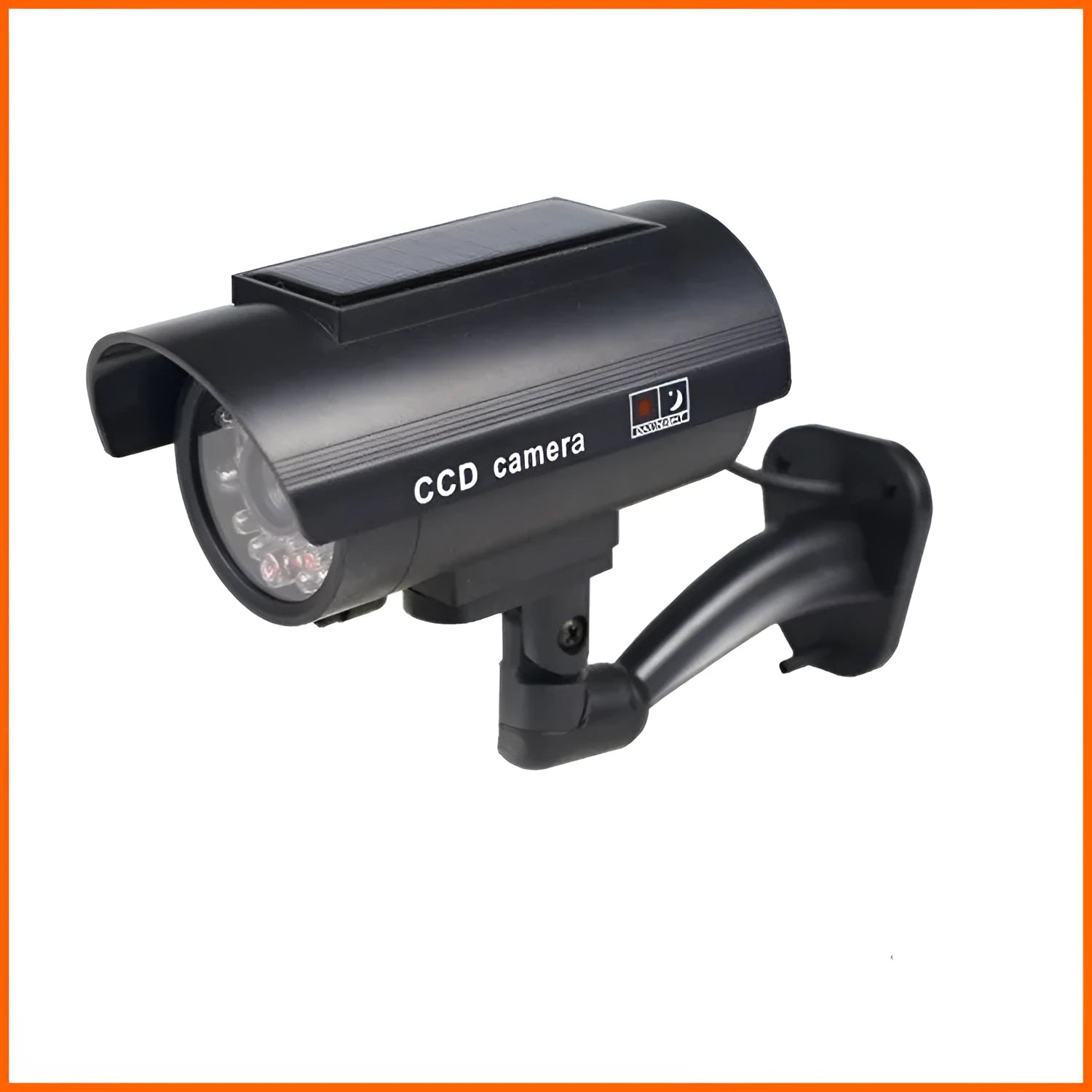 Black plastic gun-shaped dummy security camera with solar panel and red LED light indicator