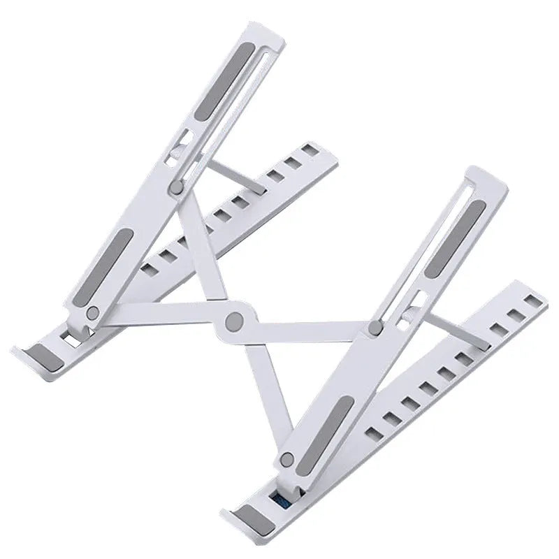 Black folding desktop bracket adjusted to medium height position
