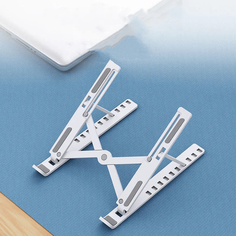 Black folding desktop bracket adjusted to medium height position