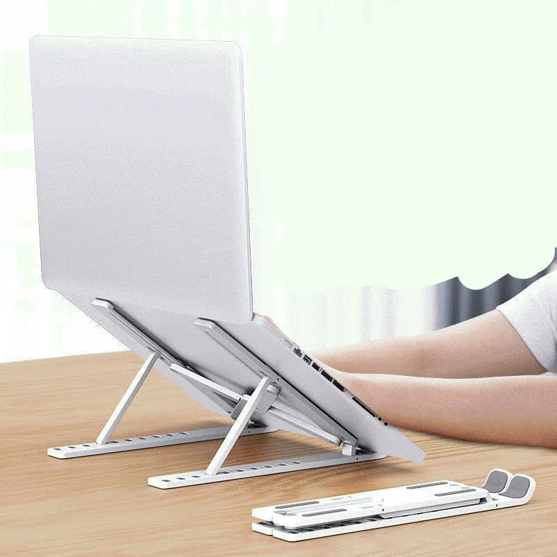 Black folding desktop bracket adjusted to medium height position