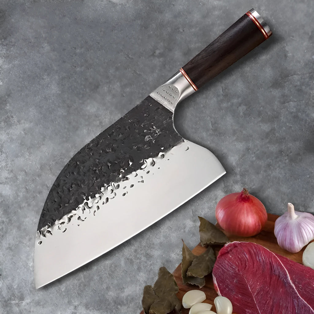 High chromium steel chef knife with ebony wood handle for cutting meat and bones