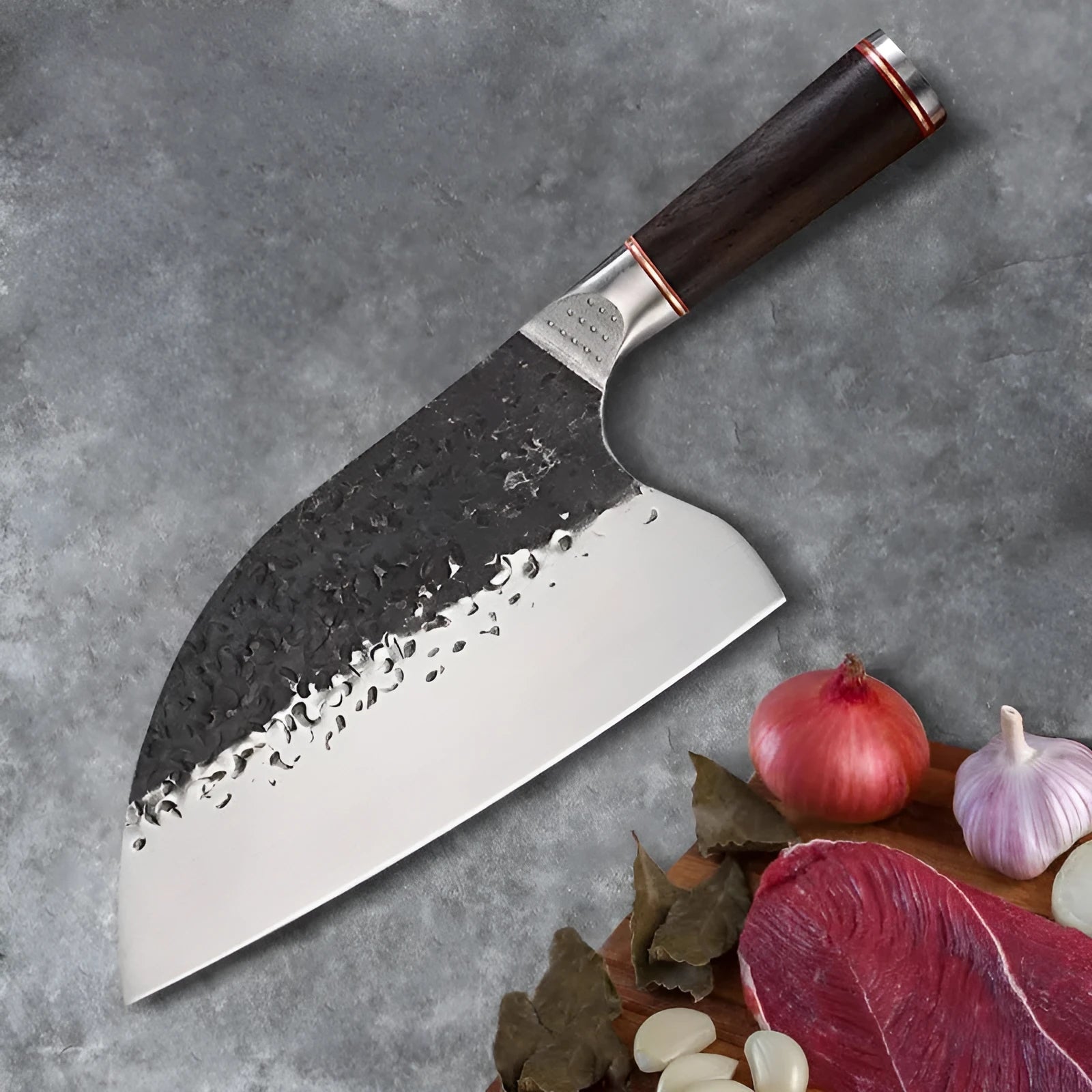 High chromium steel chef knife with ebony wood handle for cutting meat and bones