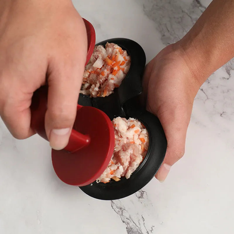 Black burger press mould on kitchen counter making hamburger patty
