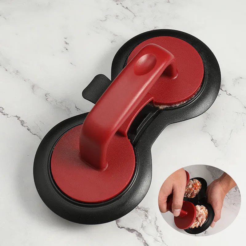 Black burger press mould on kitchen counter making hamburger patty