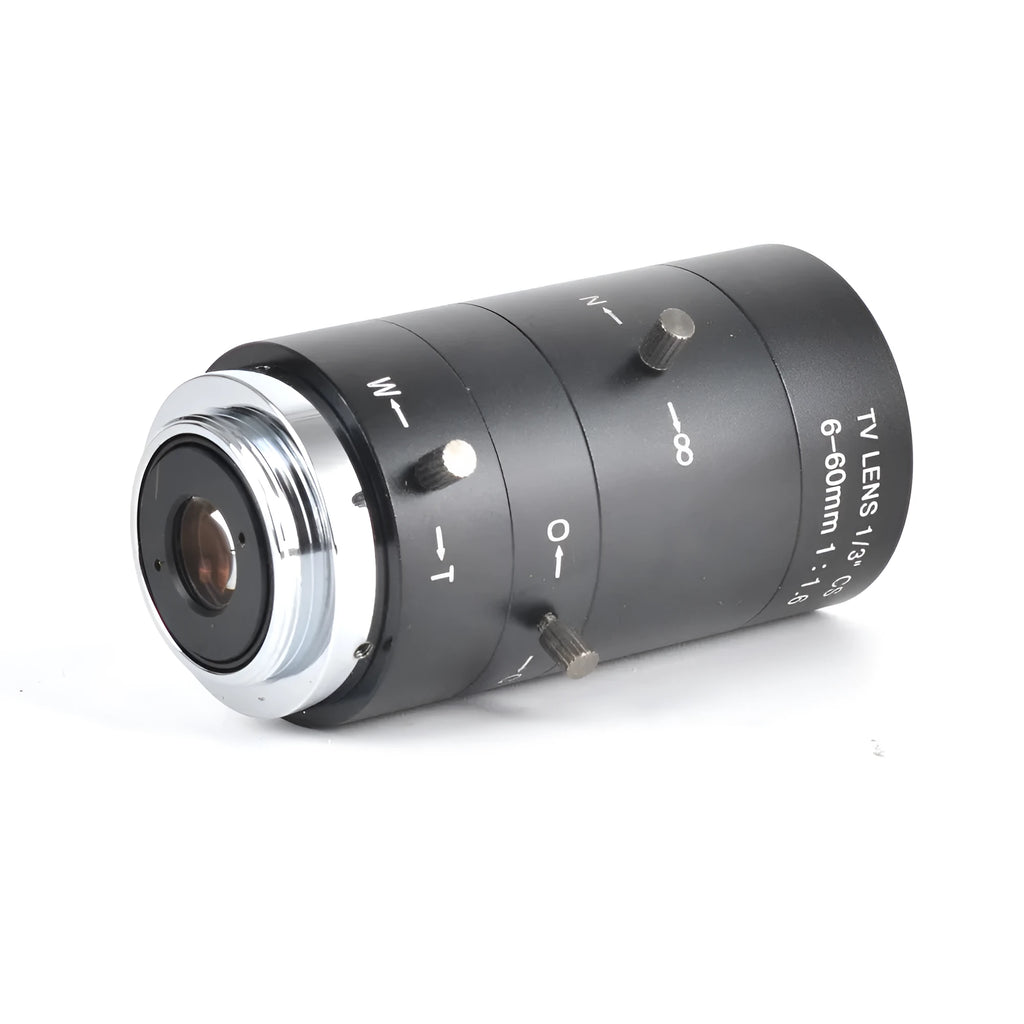 Black 6-60mm manual aperture CS mount CCTV camera lens on a white background.