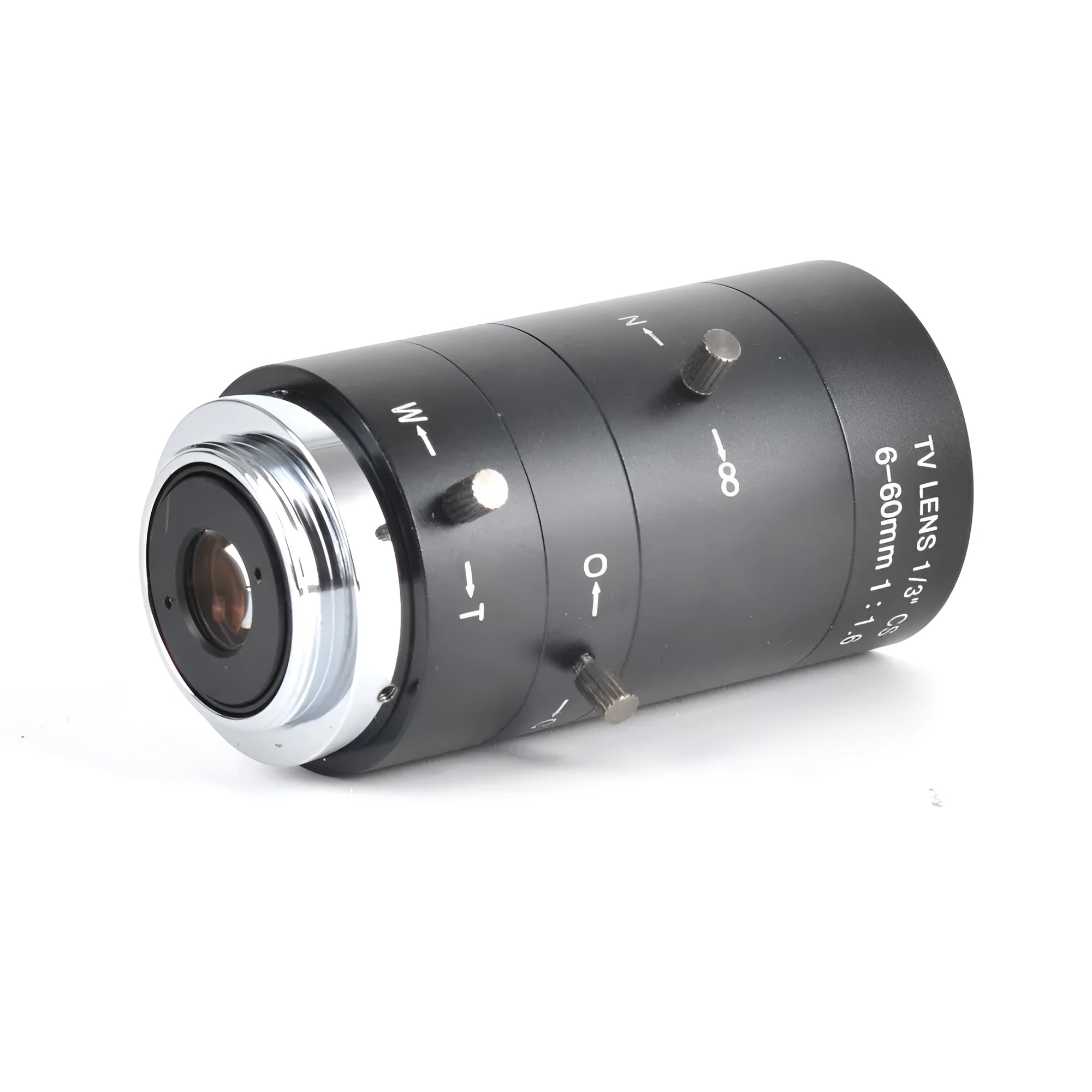 Black 6-60mm manual aperture CS mount CCTV camera lens on a white background.