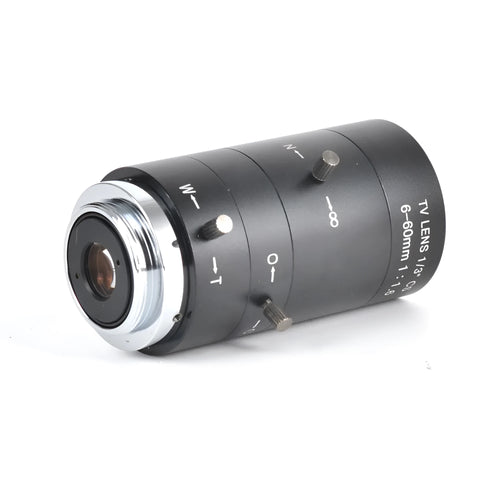 Black 6-60mm manual aperture CS mount CCTV camera lens on a white background.