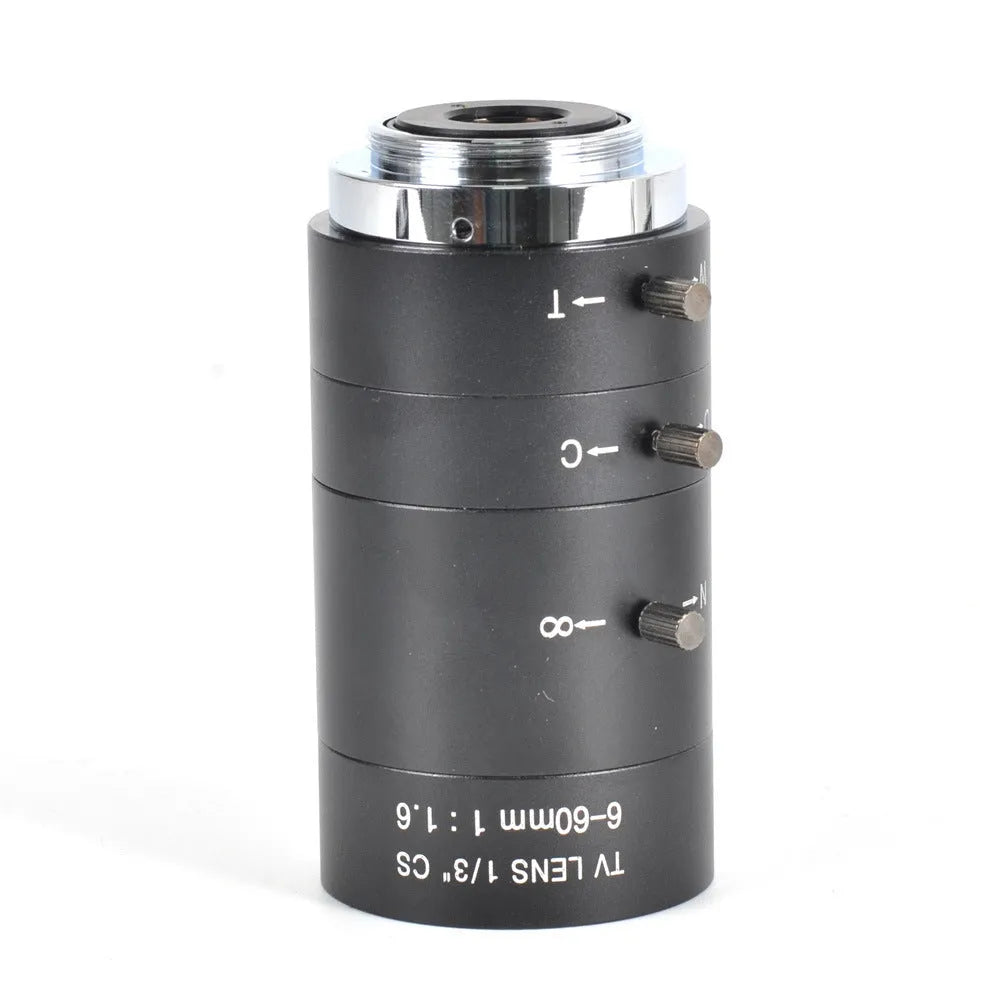 Black 6-60mm manual aperture CS mount CCTV camera lens on a white background.