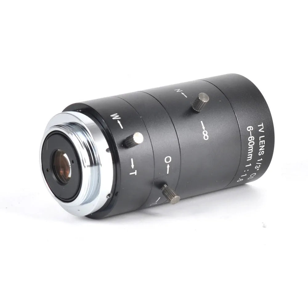 Black 6-60mm manual aperture CS mount CCTV camera lens on a white background.