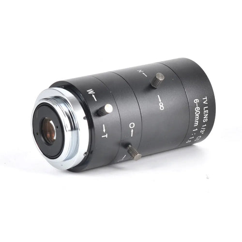 Black 6-60mm manual aperture CS mount CCTV camera lens on a white background.