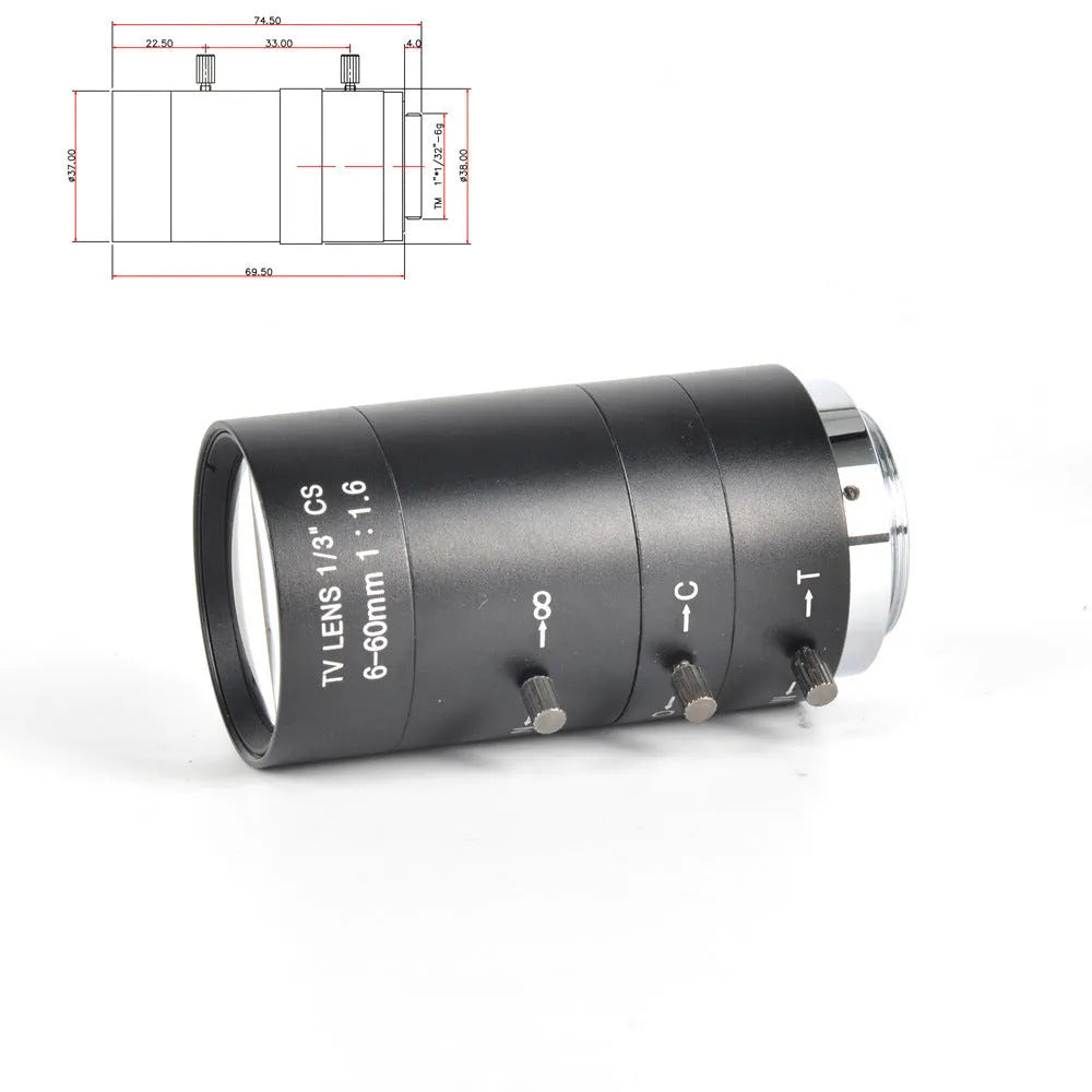 Black 6-60mm manual aperture CS mount CCTV camera lens on a white background.