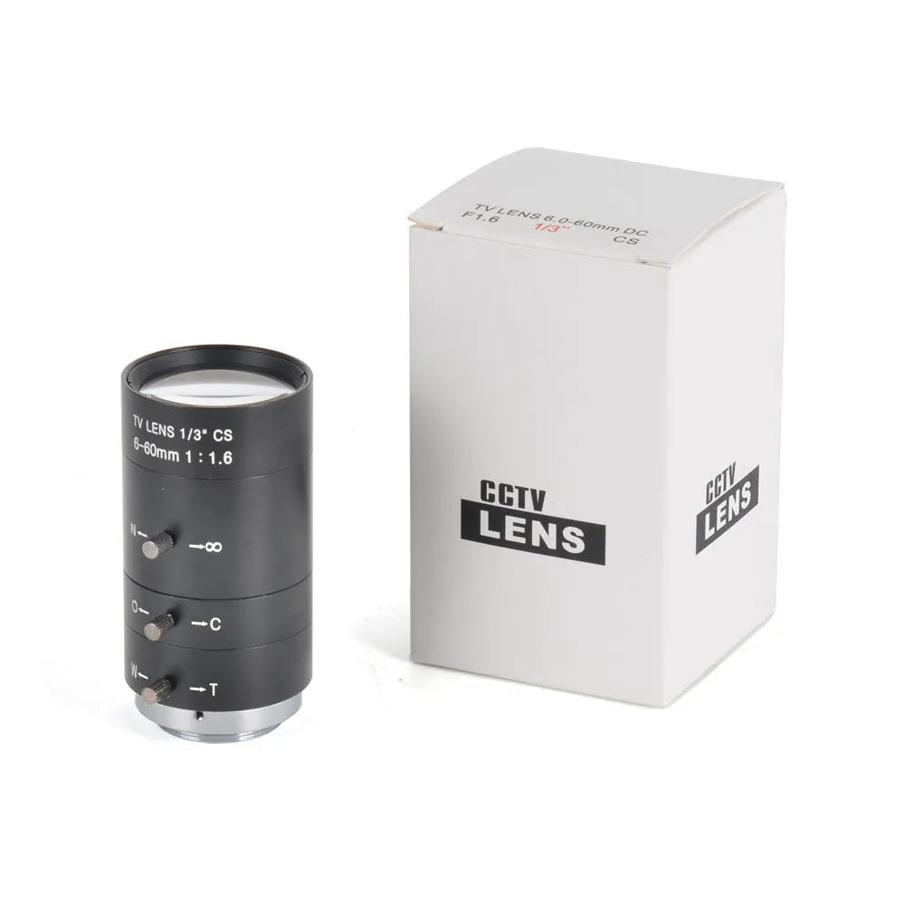 Black 6-60mm manual aperture CS mount CCTV camera lens on a white background.