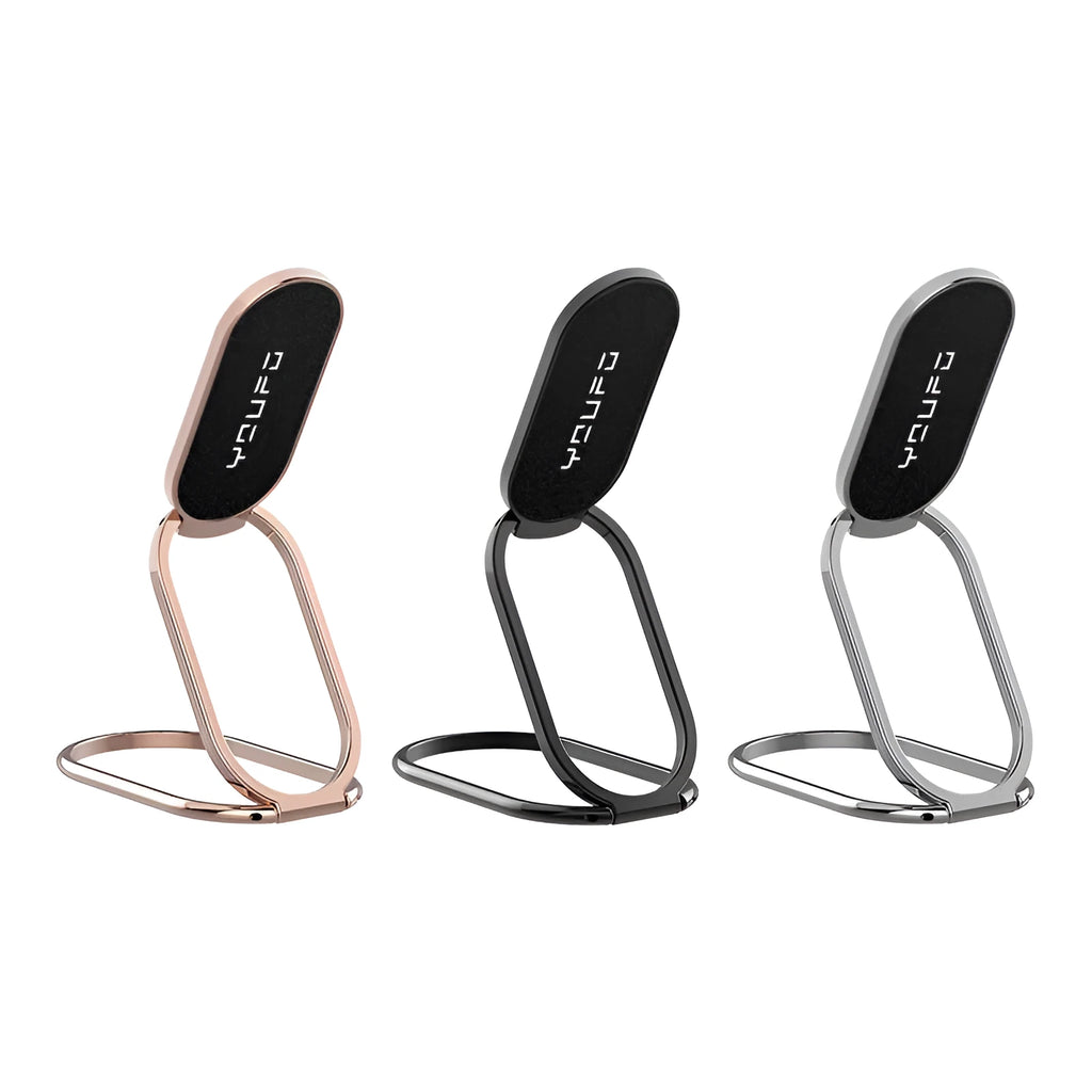 Ring buckle metal magnetic folding lazy phone holder on a desktop in black.