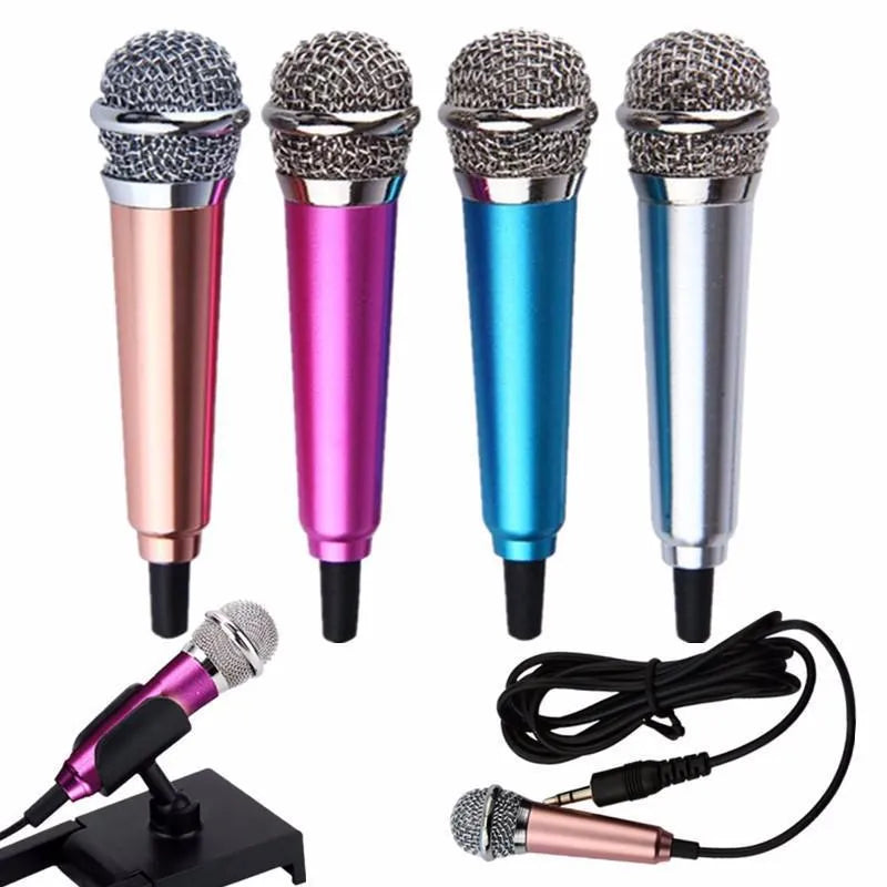 T3 mini condenser microphone with 3.5mm plug in blue, gold, red, and silver colour options.