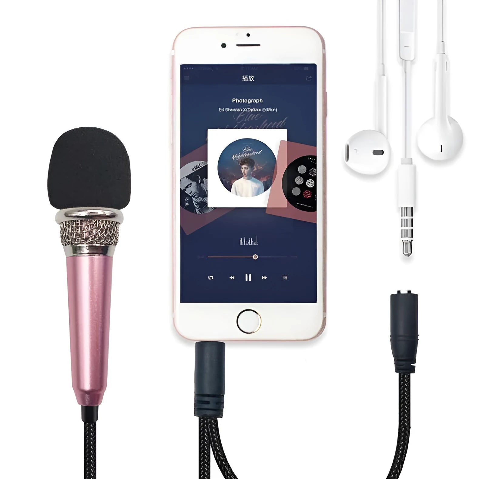 T3 mini condenser microphone with 3.5mm plug in blue, gold, red, and silver colour options.