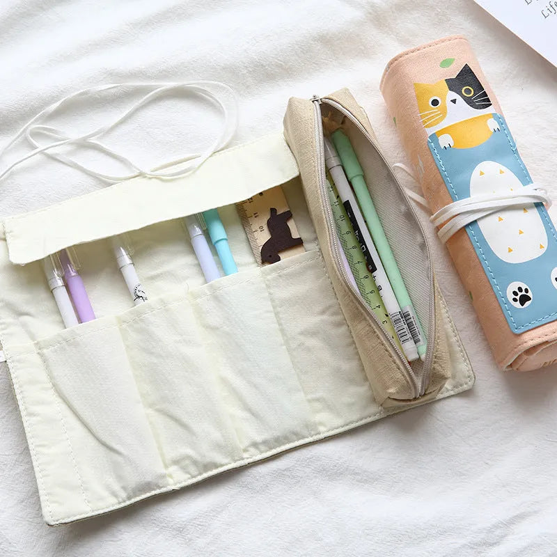 Roll-up pencil bag with cartoon cat pattern in blue, green, pink or yellow colour options