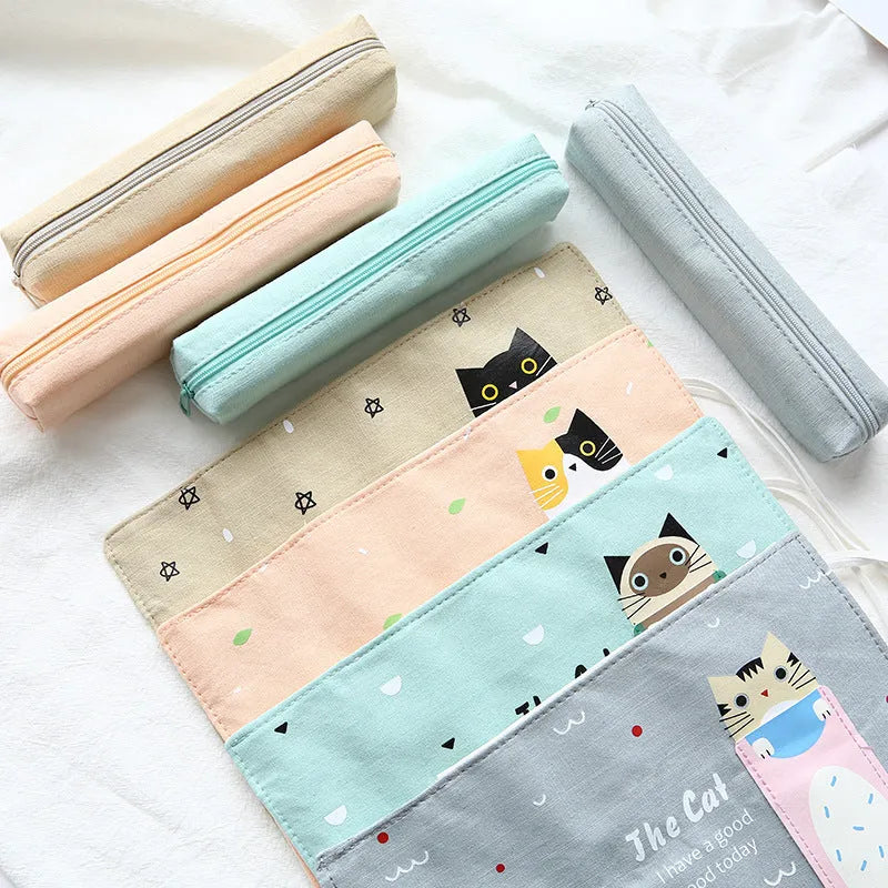 Roll-up pencil bag with cartoon cat pattern in blue, green, pink or yellow colour options
