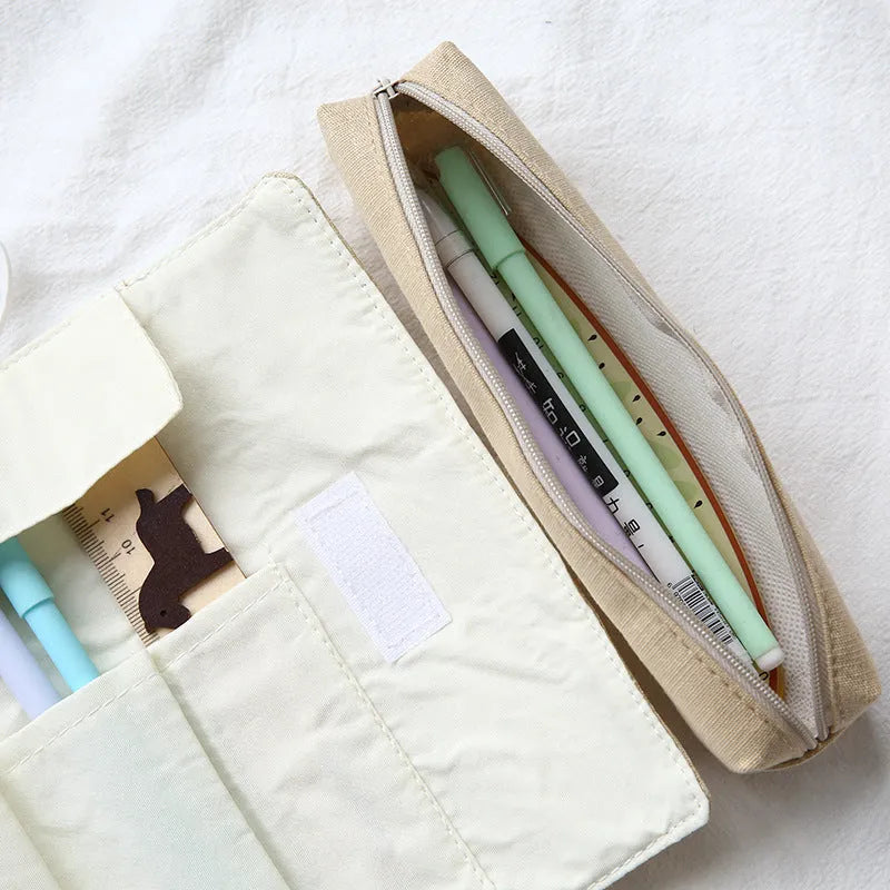 Roll-up pencil bag with cartoon cat pattern in blue, green, pink or yellow colour options