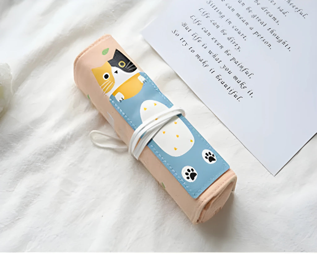 Roll-up pencil bag with cartoon cat pattern in blue, green, pink or yellow colour options