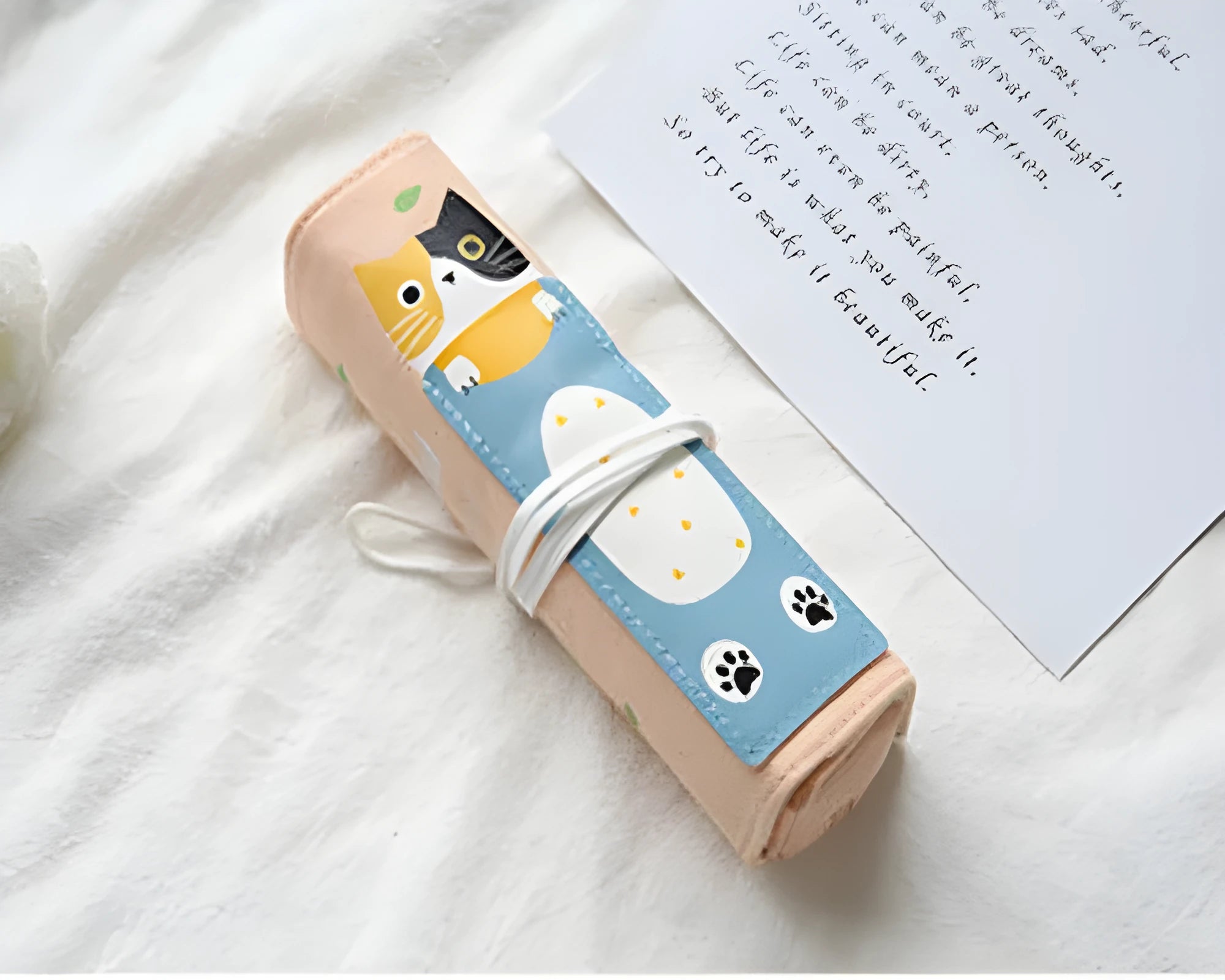 Roll-up pencil bag with cartoon cat pattern in blue, green, pink or yellow colour options