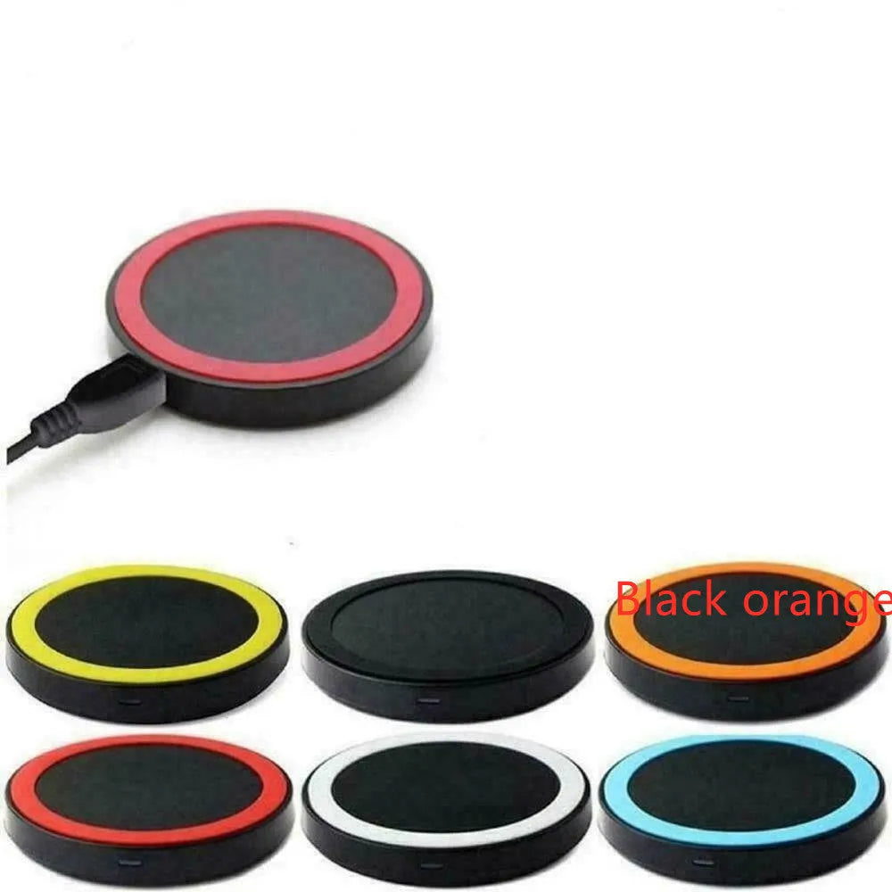 Square wireless charging pad in one of six colours: black, blue, orange, red, white, or yellow.