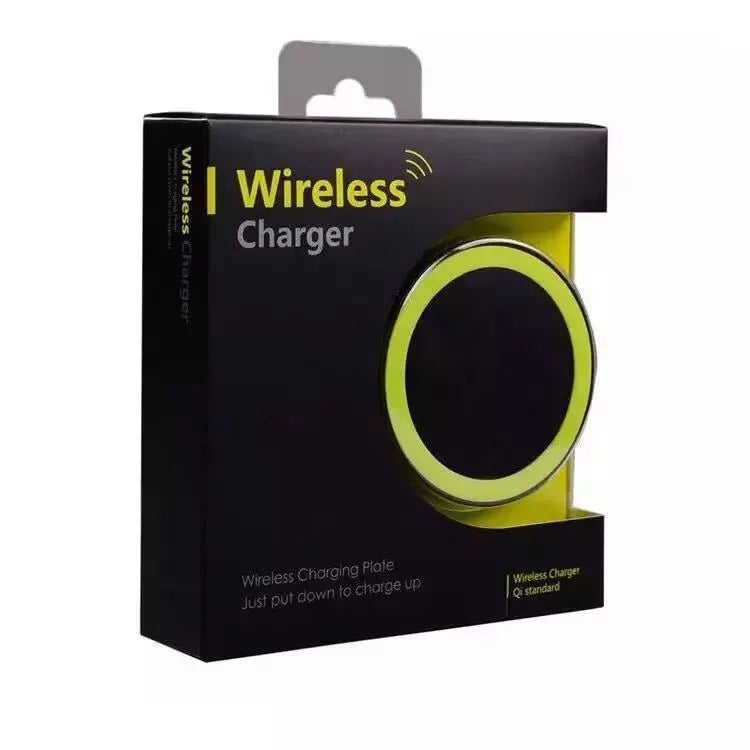Square wireless charging pad in one of six colours: black, blue, orange, red, white, or yellow.