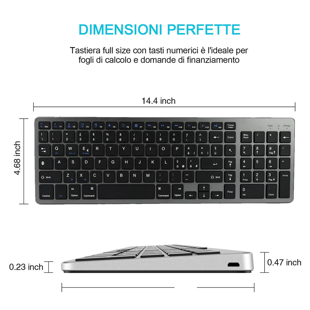 Slim white rechargeable Bluetooth keyboard next to a tablet showing wireless connectivity.