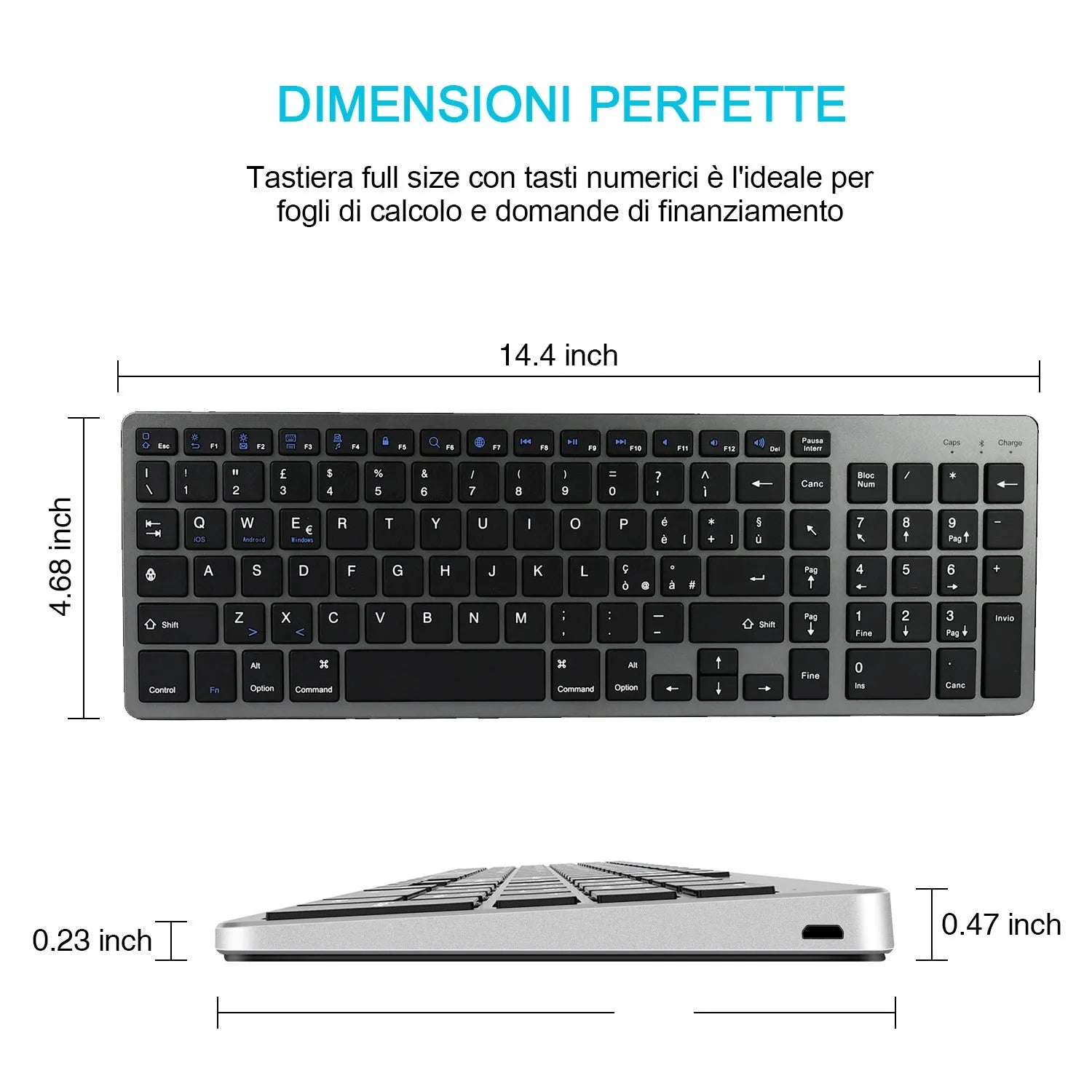 Slim white rechargeable Bluetooth keyboard next to a tablet showing wireless connectivity.