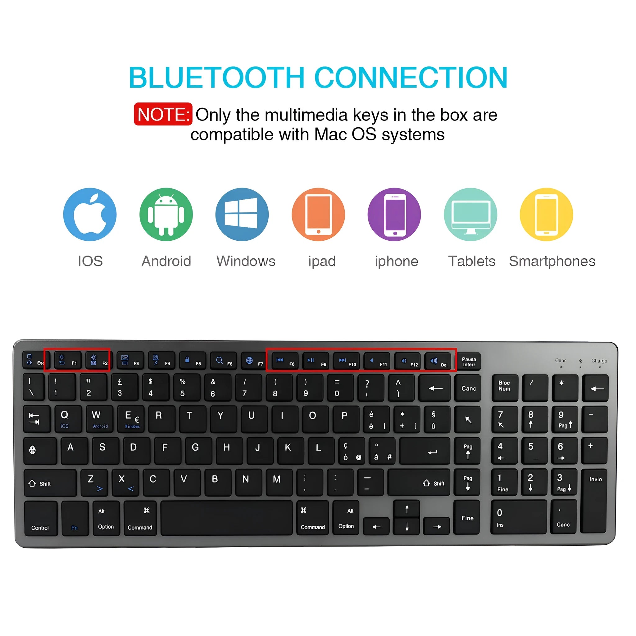 Slim white rechargeable Bluetooth keyboard next to a tablet showing wireless connectivity.