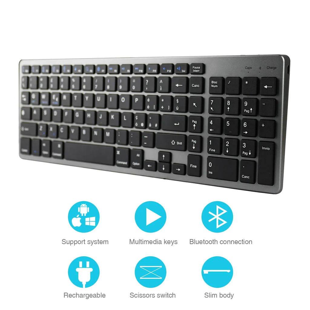 Slim white rechargeable Bluetooth keyboard next to a tablet showing wireless connectivity.